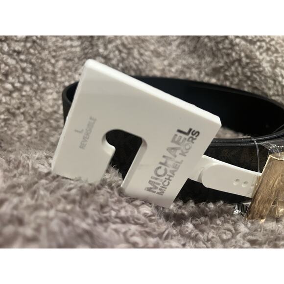 Size L Michael Kors Gold MK Logo Reversible Belt - Chocolate Brown Sig./Black FS - Picture 2 of 3